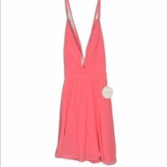 LUXXEL neon pink chiffon lace mini dress - Picture 2 of 12